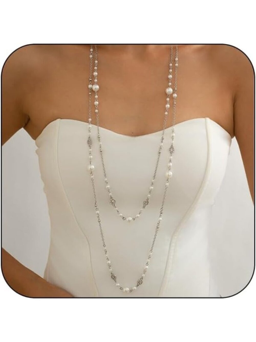 Women's Silver Metal Layered Pearl Statement Sweater Long Pearl Necklaces